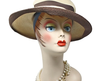 Vintage Wide Brim Straw Sun Hat Cream Brown Ribbon Summer Resort Chic - Hey Viv