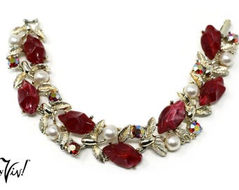 Vintage Red Rhinestone & Pearl Bracelet Leaf Floral Design Gold Tone - Hey Viv