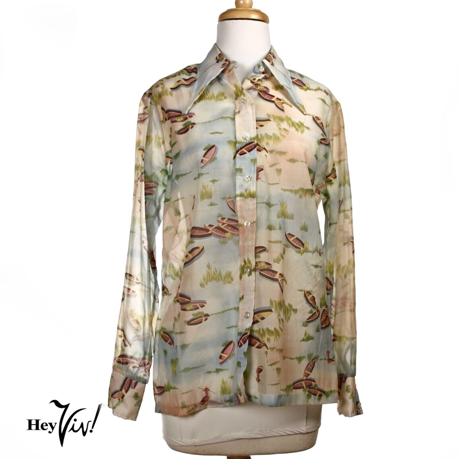Vintage 1970s ShirtStop Button Up Blouse Semi Sheer Pointy Collar 15/16 - Hey Viv