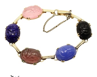 Vintage Multi Color Scarab Bracelet Silver Tone w Safety Chain 7.5" - Hey Viv