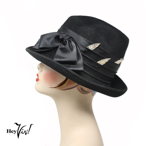 Vintage Henry Pollack Black Wool Felt Hat w Satin… - image 1