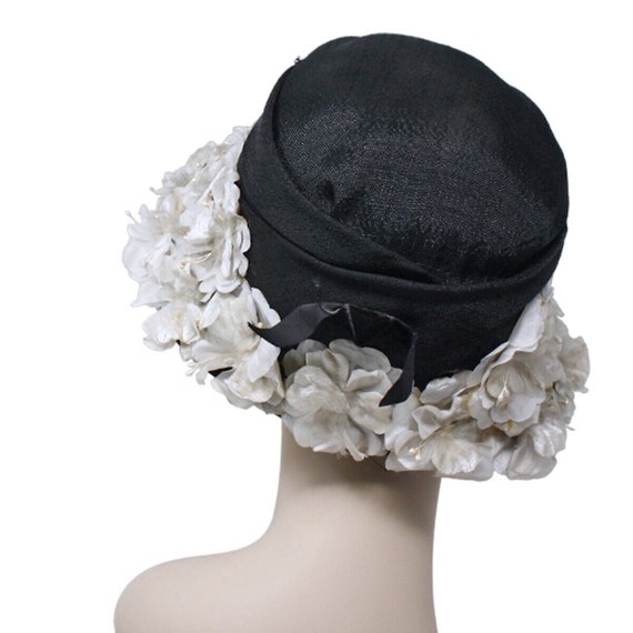 Vintage Black with White Flowers Bucket Cloche Fl… - image 3