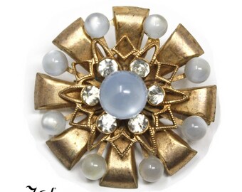 Vintage Starburst Pin w Rhinestones & Blue Balls - 1.5" Across - Hey Viv