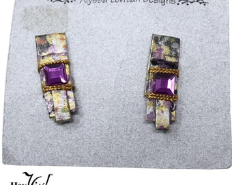Vintage 1990s Alyssa Levitan Purple Handcrafted Origami Pierced Earrings on Card - Hey Viv