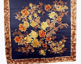 Vintage Rayon Floral Scarf Navy Brown Gold Made in Japan 1970s 30x30 - Hey Viv