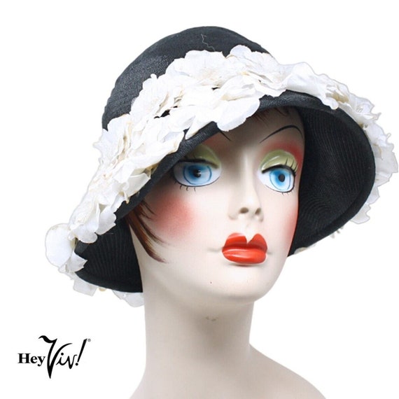 Vintage Black with White Flowers Bucket Cloche Fl… - image 1