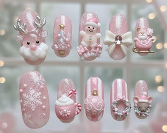 3D Pink Christmas Press On Nails – Holiday Nail Art