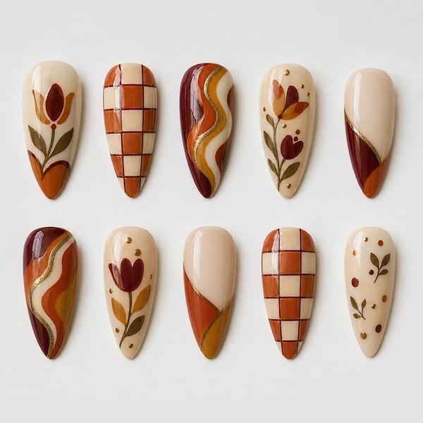 Handmade Autumn Press On Nails, Floral Burnt Orange Checkerboard Nails, Thanksgiving Nails