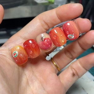Apple Press On Nails, Fruit Nails, Colorful Summer Nails, Handmade Fruity Nails Art, Fresh Nails, Unique Nails
