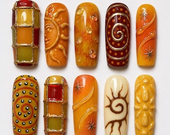 Retro Sunburst Press On Nails, Autumn Nails, Short, Y2K Orange Brown Swirl Nail Set, Handmade Funky Aura Nails, Celestial Nails