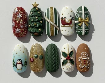 Handmade 3D Christmas Press On Nails, Holiday Winter Nail Set