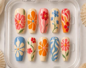 Retro Tropical Floral Press On Nails, Colorful Summer Floral Nails, Y2K Groovy Coffin Nails, Vacation Beach Nail Set