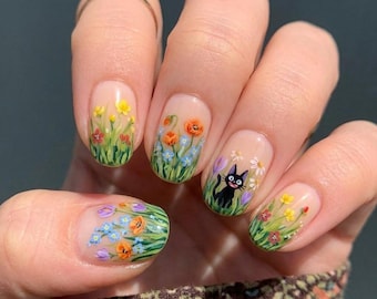 Handmade Jiji Press On Nails, Garden Nail Art, Kawaii Cartoon Press On Nails