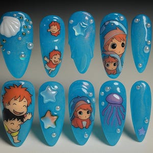 Kawaii Anime Press on Nails, Cartoon Press on Nails, Anime Nails, Inspired Nails Art, Cute Cartoon Sea Theme Fake Nails