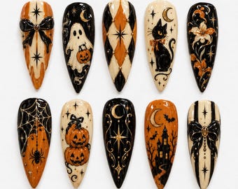 Retro Gothic Halloween Press On Nails, Black Cat Pumpkin Nails, Black Orange Ghost Nails, Spooky Stiletto Fake Nails