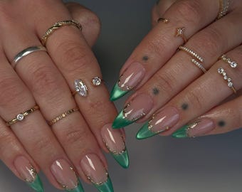 Green Chrome French Tip Press On Nails | Gold Outline Nails | Almond Stiletto Nails | Elegant Green Press On Nail Set