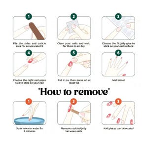 May include: A guide illustrating the application and removal of nail pieces. The steps include filing, cleaning, applying glue, and pressing the nails. The removal process involves soaking in warm water and removing the jelly. The text reads 'How to remove'.