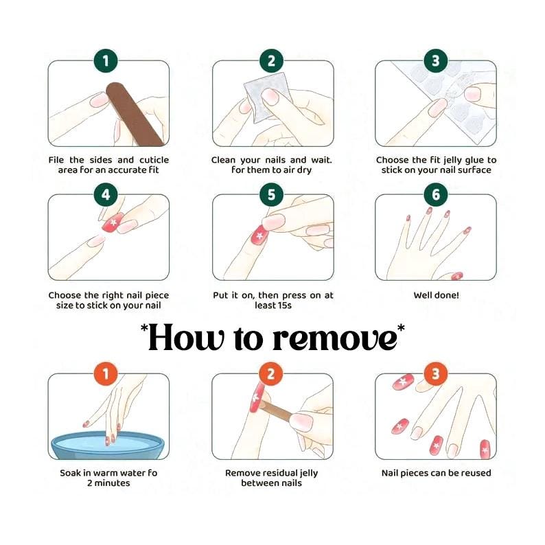 May include: A guide illustrating the application and removal of nail pieces. The steps include filing, cleaning, applying glue, and pressing the nails. The removal process involves soaking in warm water and removing the jelly. The text reads 'How to remove'.