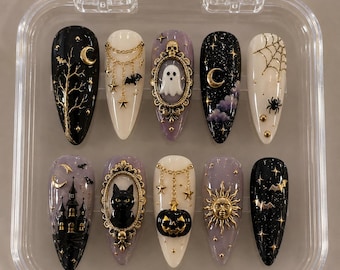 Gothic Halloween Press On Nails, Gothic Celestial Nails, Black Cat Ghost Nails, Moon Star Pumpkin Nails, Haunted House Nails, Holiday Nails