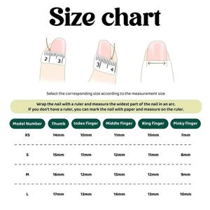 May include: A nail size chart with instructions on how to measure nails. The chart displays measurements in millimetres for thumb, index, middle, ring, and pinky fingers. Sizes range from XS to L, with corresponding measurements in mm.