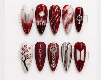Kpop Inspired Press On Nails, Red and White Kpop Nail Set, Concert Nails, 7 Spirit Arirang Press On Nails