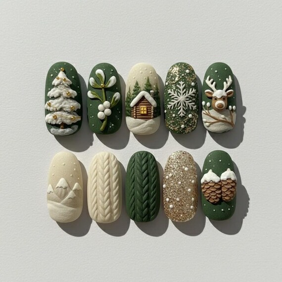 Handmade Green Winter Press On Nails, Christmas Cabin Sweater Nail Art