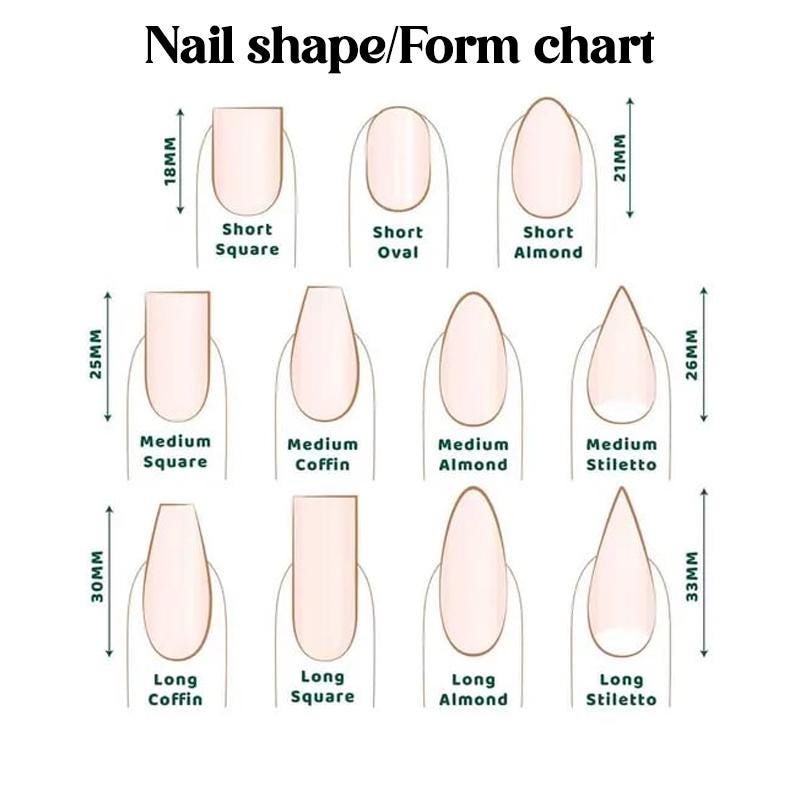 May include: A nail shape chart displaying different nail styles, including short square, oval, and almond shapes, plus medium and long coffin, square, almond, and stiletto styles. Measurements are in millimetres.