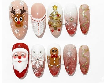 Santa Reindeer Christmas Press On Nails, Glitter Winer Nail Set, Handmade Nails