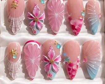 3D Floral Press On Nails, Mermaid Shell Nails, 3D Pearl and Starfish Ocean Nail Art, Summer Beach Nails, Blossom Nails