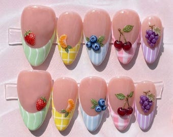3D Fruit Press On Nails, Strawberry Blueberry Cherry Grapes Citrus Nails, Spring Summer Nails, Pastel Garden Nail Set