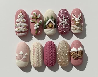 Cozy Knit Christmas Press On Nails, Winter Snowflake Nail Art