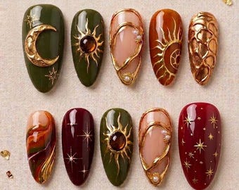 Luxury Celestial Press On Nails, Celestial Sun Nail Art, Star Moon Nails, Green Burgundy Almond Nail Set, Galaxy Nails, Mystic Nail Art