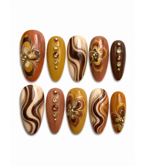 Retro Groovy Flower Press On Nails, 70s Vintage Earth Tone Nails, Mustard Brown Swirl Nails, Boho Autumn Almond Fake Nails