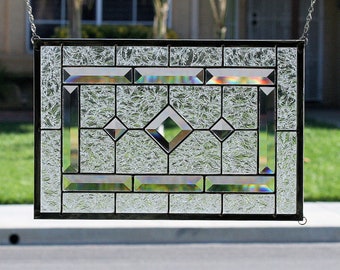 Stained Glass Window - DIAMONDS - Clear stain glass panel with bevels and textured glass