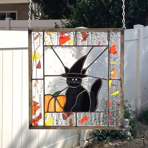 Halloween Stained Glass HALLOWEEN CAT Stain Glass Window Panel, Black Cat, Witch, Etsy Editors Pick 2 years image 1