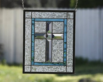 Stained Glass Window~BEVELED CROSS~Stain Glass Panel, Clear Beveled Cross, Christian Cross, Madonna Blue border & clear textured glass