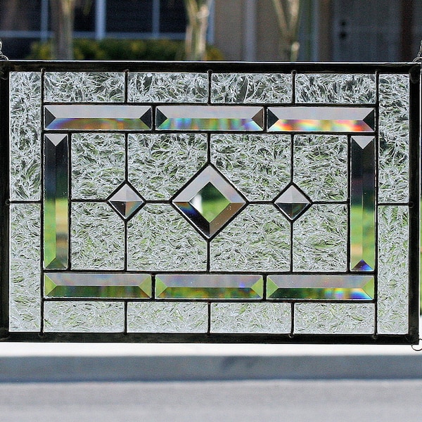 Stained Glass Window - DIAMONDS - Clear stain glass panel with bevels and textured glass