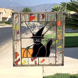 Halloween Stained Glass HALLOWEEN CAT Stain Glass Window Panel, Black Cat, Witch, Etsy Editors Pick 2 years image 4