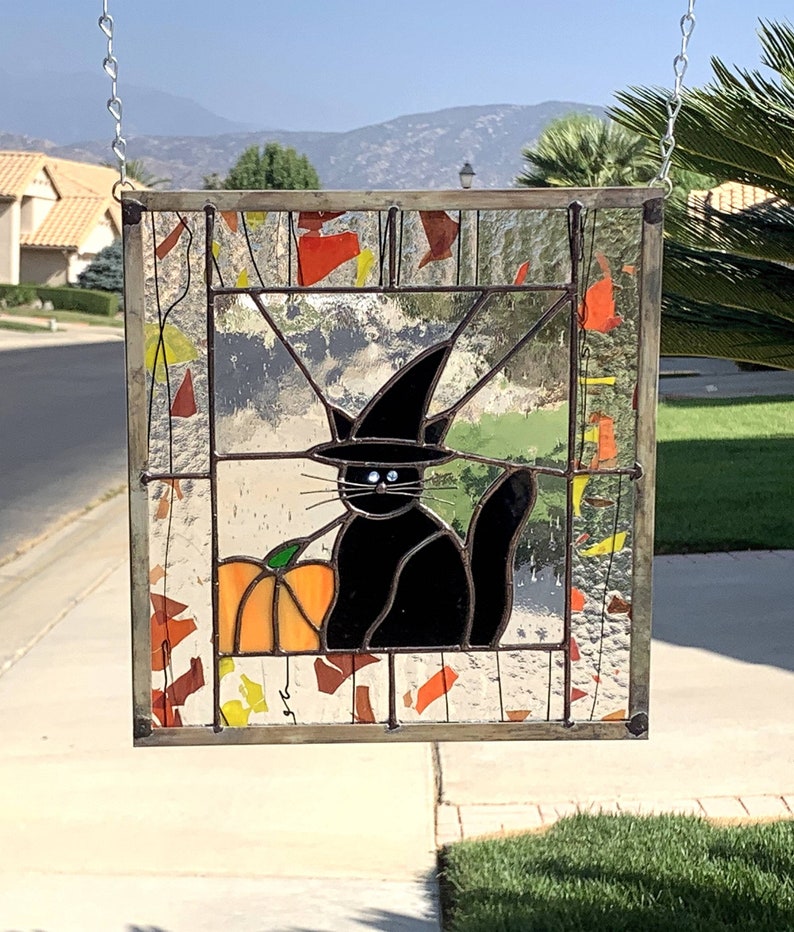 Halloween Stained Glass HALLOWEEN CAT Stain Glass Window Panel, Black Cat, Witch, Etsy Editors Pick 2 years image 4