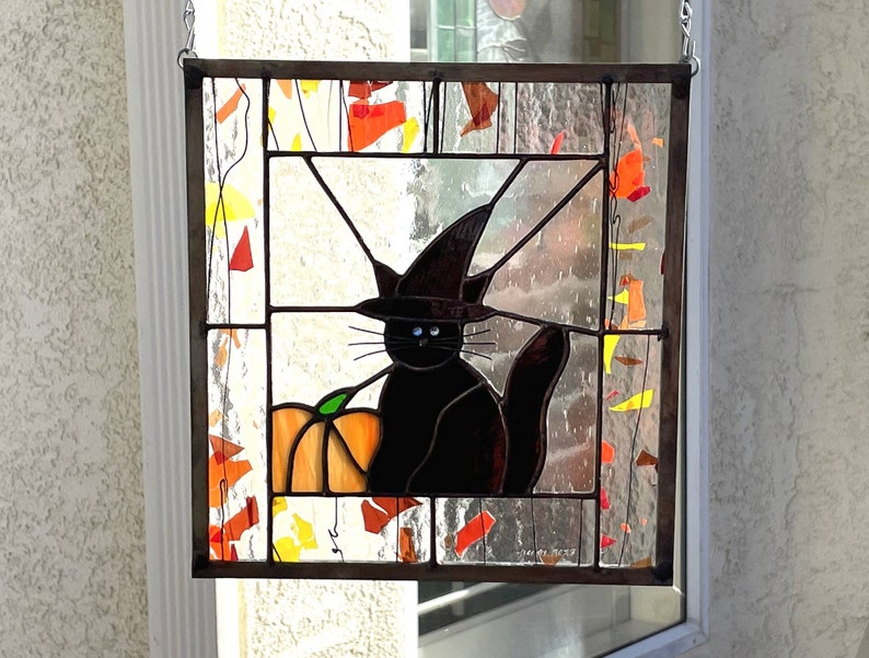 Halloween Stained Glass HALLOWEEN CAT Stain Glass Window Panel, Black Cat, Witch, Etsy Editors Pick 2 years image 7