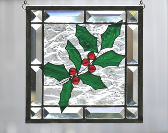 Stained Glass Window-WINTER HOLLY-Stain Glass Panel with Green Holly, Red Berries, Clear Glass and Bevels