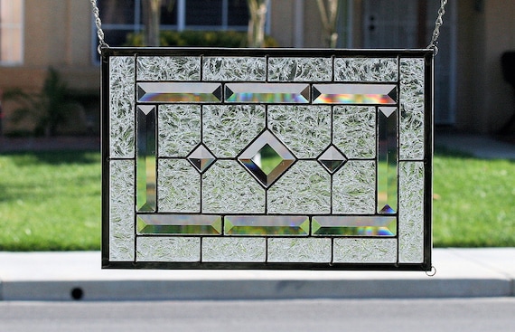 Stained Glass Window DIAMONDS Clear Stain Glass Panel With Bevels