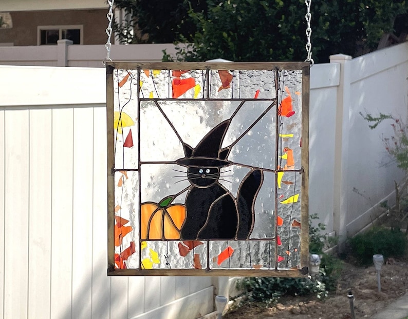 Halloween Stained Glass HALLOWEEN CAT Stain Glass Window Panel, Black Cat, Witch, Etsy Editors Pick 2 years image 1
