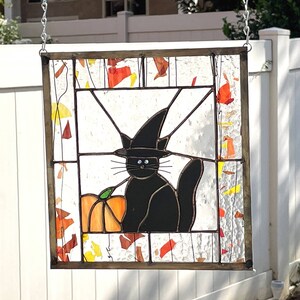 Halloween Stained Glass HALLOWEEN CAT Stain Glass Window Panel, Black Cat, Witch, Etsy Editors Pick 2 years image 3