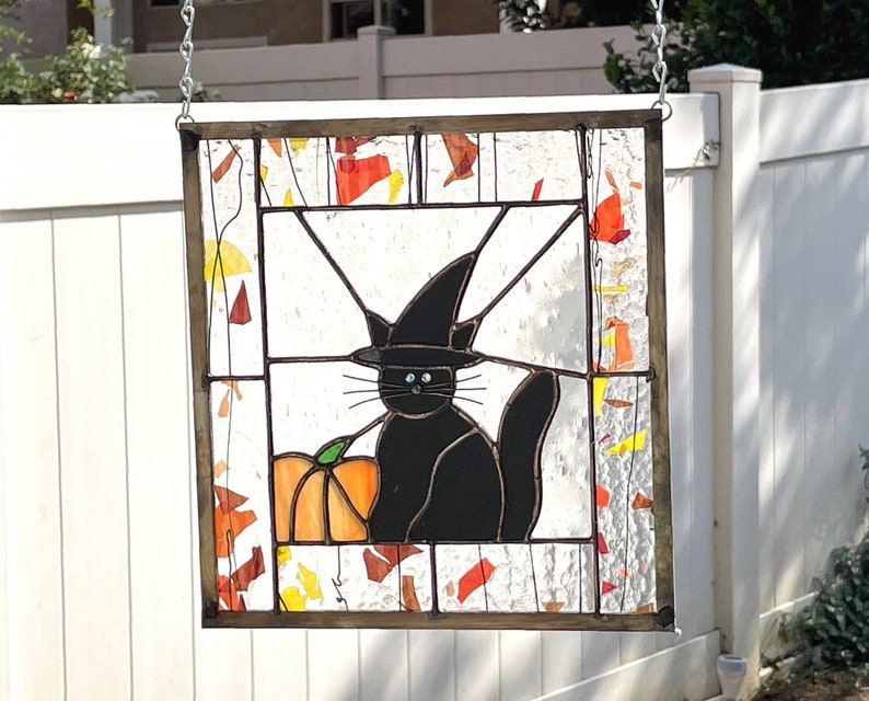 Halloween Stained Glass HALLOWEEN CAT Stain Glass Window Panel, Black Cat, Witch, Etsy Editors Pick 2 years image 3