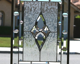 Large Stained Glass Window Panel ~ PRISMS ~ Clear stain glass panel with bevel cluster & clear double beveled border