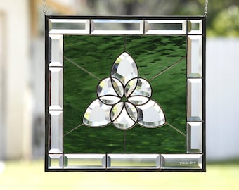 Large Stained Glass Window Panel~ CELTIC CIRCLES~ Clear Beveled Celtic Tri-Circle, Emerald Green, Irish, Celtic, Metaphysical, One of a Kind