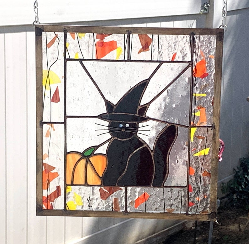 Halloween Stained Glass HALLOWEEN CAT Stain Glass Window Panel, Black Cat, Witch, Etsy Editors Pick 2 years image 5