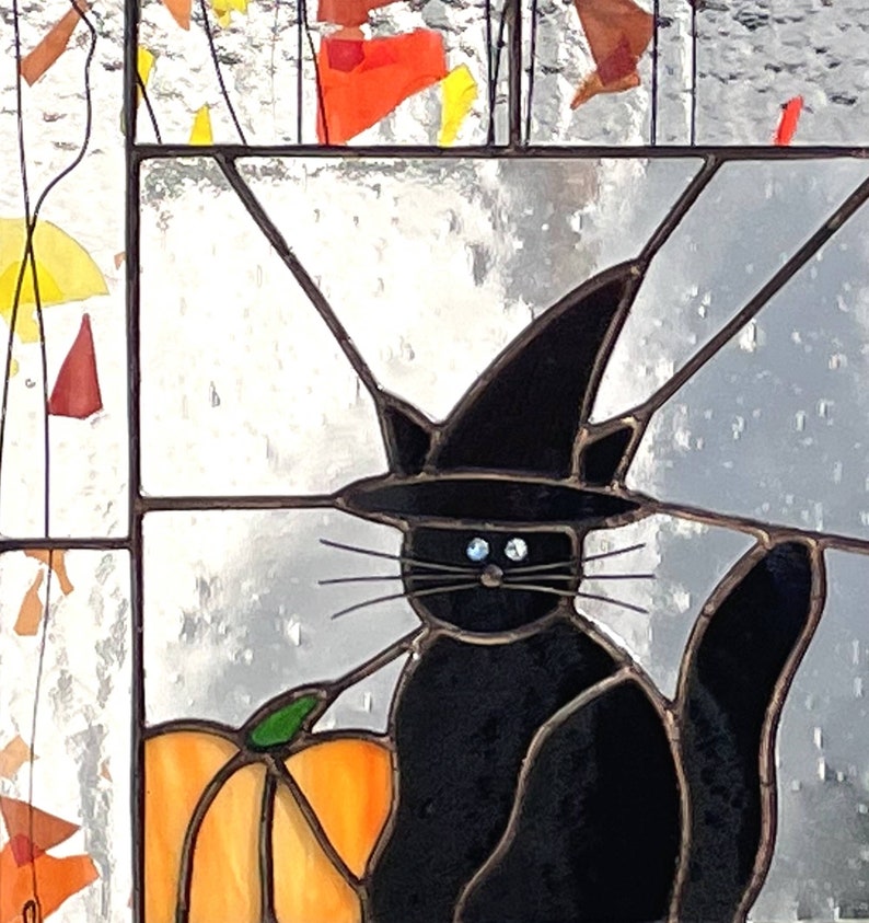 Halloween Stained Glass HALLOWEEN CAT Stain Glass Window Panel, Black Cat, Witch, Etsy Editors Pick 2 years image 2