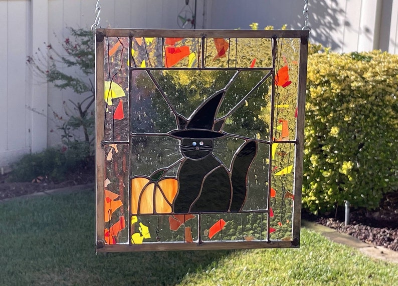 Halloween Stained Glass HALLOWEEN CAT Stain Glass Window Panel, Black Cat, Witch, Etsy Editors Pick 2 years image 9